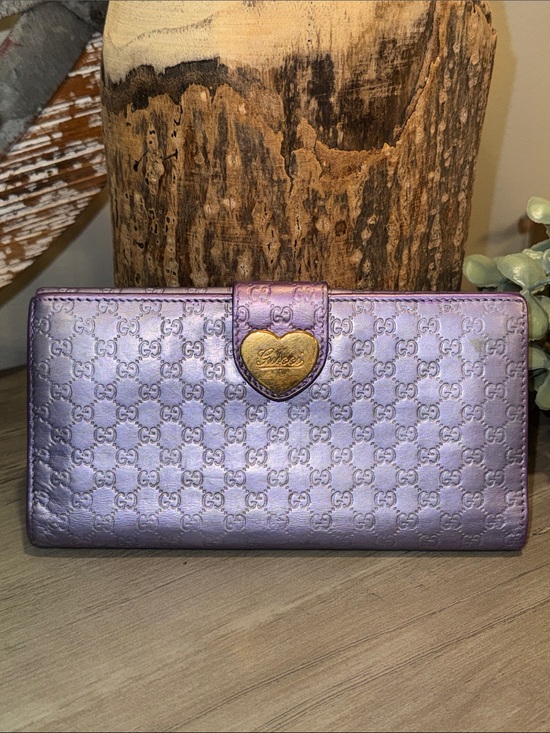 Gucci Handbags - Gucci Metallic, Lavender and Silver GG Monogram Wallet with Gold Heart Tab